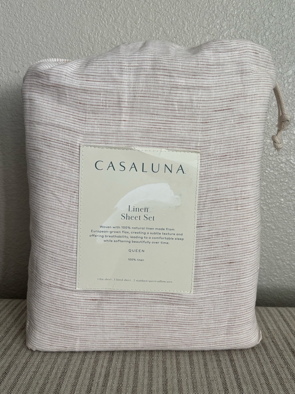 NWT Queen 100% Linen Sheet Set Adobe Clay Micro Stripe - Casaluna